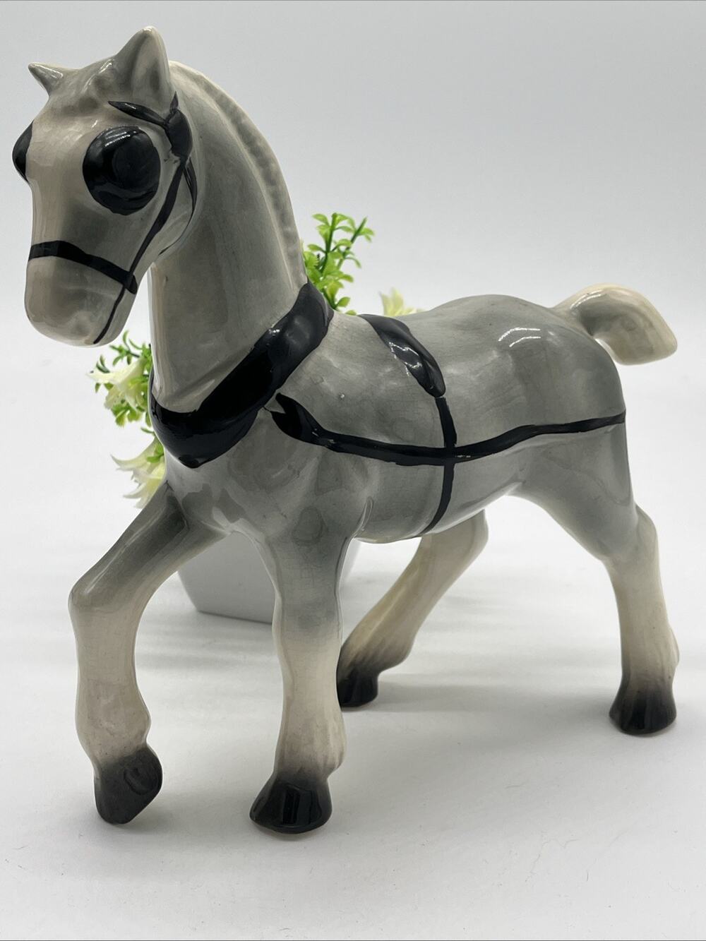 Vintage Gray Ceramic Horse Figurine Black Harness Walking Pose 8" No Mark